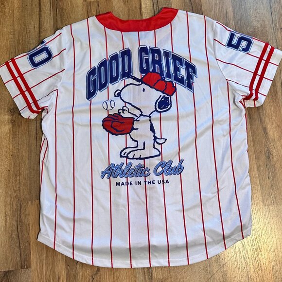 Peanuts Baseball Jersey Shirt Red Pinstripe #50 Button Front Unisex Adult Sz XXL - Picture 5 of 7